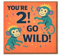 2nd Birthday Card - You're 2! Go Wild! Cute Monkey Jungle Theme, Bright Orange with Confetti - Fun Kids Toddler Birthday Card for Boys or Girls