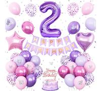 2nd Birthday Decoration for Girls,Pink Purple 2nd Birthday Balloon Number 2 Balloon with Butterfly Stickers Star Heart Foil Balloons Happy Birthday Banner for Baby 2 Year Old Birthday Party Decor