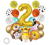 2nd Birthday Decorations Boy, Animal Balloons, Safari Party Decorations, 32 Inch Gold Number 2 Balloon with Tiger Lion Giraffe Monkey Cow Foil Balloons & 12 Inch Latex Balloon for Jungle Theme Party