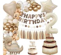 2nd Birthday Decorations Boy Girl, Dinosaur 2nd Party Decorations Kids Happy Birthday Banner, Apricot Gold Balloon, Two Year Old Decoration Set, Dino Cake Number 2 Foil Balloon Party Supplies for Baby