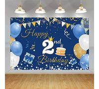 2nd Birthday Decorations for Boy/Girl, 2 Years Old Backdrop Banner Fabric Sign Poster, Happy 2nd Birthday Party Supplies Blue Photography Background Welcome Sign, 150cm x 90cm