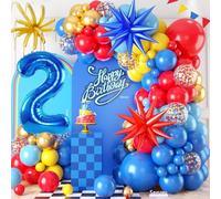 2nd Birthday Decorations for Boy, Red Yellow Blue Second Birthday Balloon Garland Arch Kit, Star Foil Balloons, 40 Inch Number 2 Balloon for 2 Year Old Theme Party Baby Shower Graduation