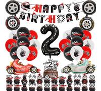 2nd Birthday Decorations for Boys - 51 Pcs Race Car 2nd Party Decoration | Happy Birthday Banners Cupcake Cake Toppers Number 2 Motorcycle Balloon Racing-Themed Balloon Kit for Two Fast Party Supplies