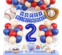 2nd Birthday Decorations for Boys Baseball,Navy Blue Red Nude Balloons Party Decorations Birthday Banner Number 2 Baseball Glove Foil Balloons Cake Topper Sport Party Baby Shower