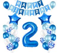 2nd Birthday Decorations for Boys, Number 2 Balloon, Blue Silver 2nd Party Decorations, Happy Birthday Bunting Banner, 32inch Foil Number 2 Balloons Set for Birthday Party Anniversary Decorations