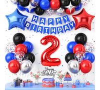 2nd Birthday Decorations for Boys,Red Black Blue Birthday Balloon Number 2 Balloon with Star Foil Balloons Banner Cake Topper for 2 Year Old Kids Theme Party Decor