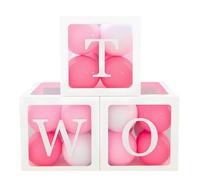 2nd Birthday Decorations for Girls, 2nd Birthday Balloon Boxes, Pink Party Decorations for Girls, TWO Balloon Boxes, 3 pc Boxes with TWO Letters and Pinks & White Balloons