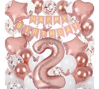 2nd Birthday Decorations for Girls, Rose Gold 40 Inch Age 2 Foil Balloons with Happy Birthday Banner and Butterfly Stickers, for Baby Shower, Girls Women Party Decorations
