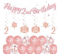 2nd Birthday Decorations for Girls - Rose Gold Happy Birthday Banner, Hanging Swirls Confetti Balloons for Girl 2 Years Old Party