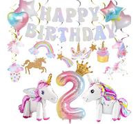 2nd Birthday Decorations Kit with 3D Self Standing Unicorn, Star Heart Balloons, Hanging Swirls for Princess Theme for Girls Kids Party Supplies