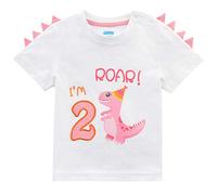 2nd Birthday Girl T-Shirt Dinosaur Party B-Day Themed Tee Toddler Gift Dino Second Birthday T Shirt 100% Cotton Two Years Old Short Sleeve T-Rex Printed Embroidery Graphic Top(White, 90)