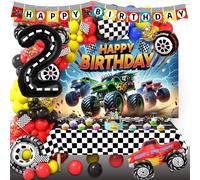 2nd Birthday Monster Big Truck Theme Birthday Party Decorations Set Including Giant 40 Inch Number 2 Balloon, Backdrop, Banner, Cake Topper