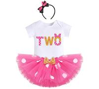 2nd Birthday Outfits for Baby Girls Short Sleeve Romper Top+Polka Dots Tutu Skirt+Headband 3pcs Minnie Mouse Fancy Dress Up Party Costume Cake Smash Clothes for Photo Props Hot Pink-TWO 2 Years