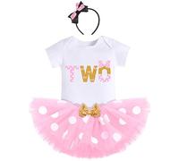 2nd Birthday Outfits for Baby Girls Short Sleeve Romper Top+Polka Dots Tutu Skirt+Headband 3pcs Minnie Mouse Fancy Dress Up Party Costume Cake Smash Clothes for Photo Props Pink-TWO 2 Years