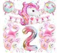 2nd Birthday Party Decoration Girls, Unicorn Birthday Decoration Set Pink, Large Number 2 Foil Balloon,Pink White Latex Balloons,2 Unicorn Party Supplies for Baby Girls Birthday Celebration