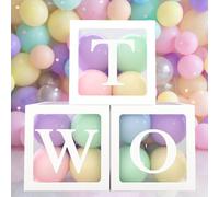 2nd Birthday Party Decorations Boxes for Boys Girls, 3Pcs Balloon Boxes with 30pcs Pastel Balloons and "TWO" Letters, Balloon Blocks for 2 Birthday Backdrop, Two Year Old Birth Party Supplies