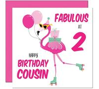 2nd Cousin Birthday Card - Fabulous Flamingo - Ladies Womens Pink Cute Cousins Birthday Card for 2 Year old Kids two, second