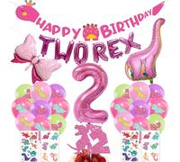 2nd Dinosaur Birthday Party Decorations - 33 Pcs Pink Happy Birthday Banner Two Rex Letter Foil Latex Balloons Dinosaur Printed Decoration For Kids Boys Children 2 Years Old Birthday Party Supplies