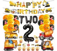 2nd Excavator Birthday Decorations Boy - 35 Pcs Construction Themed Banners Excavator Truck Bulldozer Crane Number 2 Letter Foil Balloons Cake Toppers for Boys 2 Year Old Party Supplies