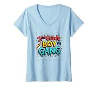 2nd Grade Boy Gang: Fun Gamer Rocket Star Squad V-Neck T-Shirt, Women, Baby Blue, S