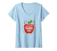 2nd Grade Teacher Life Apple Education Appreciation V-Neck T-Shirt, Women, Baby Blue, XL