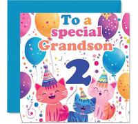 2nd Grandson Birthday Card - Cute Cats Special Grandson - Happy 2nd Birthday Card from Nanny Grandma Grandad, 145mm Age 2 Greeting Cards