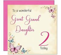 2nd Great Granddaughter Birthday Card - Beautiful Butterfly Floral Birthday Card for 2 Year old Kids two, second