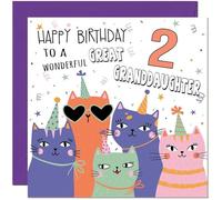 2nd Great Granddaughter Birthday Card - Childrens Cute Cat Great Granddaughter Birthday Card for 2 Year old Kids two, second