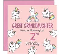 2nd Great Granddaughter Birthday Card - Funny Cat Cute Birthday Card for 2 Year old Kids two, second