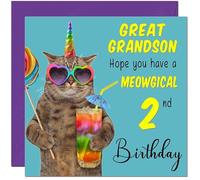 2nd Great Grandson Birthday Card - Meowgical Cat Funny Birthday Card for 2 Year old Kids two, second