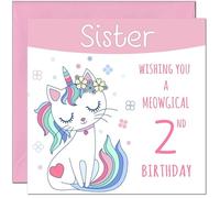 2nd Sister Birthday Card - Meowgical Funny Cat Birthday Card for 2 Year old Kids two, second