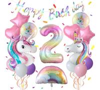 2nd Unicorn Birthday Party Decorations 2 Years Old for Girl Purple Pink Unicorn Party Theme Balloon Set, Large Rainbow Unicorn Helium Balloons with Heart and Star Baby Shower Kids Supplies Age 2