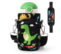 2OOYA Dinosaur Water Bottle Carrier Bag with Strap for Boys - Cute Saurus Neoprene Insulated Water Bottle Bag Holder with Padded Strap Pocket 10/12/14/16/18oz for Kids School Walking Hiking Camping