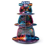 2ooya Spark Video Game Cupcake Stand, 3-Tier Gaming Tower Cake Holder for Boys Cardboard Round Dessert Display Kids Birthday Party Supplies, Themed Table Decoration for Gaming Night