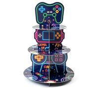2ooya Video Game Cupcake Stand, 3-Tier Mini Dessert Holder Reusable Cardboard with Neon Glow Style Cake Tower for Arcade Gaming Theme Party Decor Supplies Kids Boys Birthday Celebration, Blue Classic
