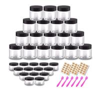 2oz 60ml Sample Pots Round Cosmetic Containers with Lids | 20g Clear Small Plastic Jars 48pcs Travel Containers for Cream, Body Butter, Eye Shadow, Rhinestone, Lip Scrub + Label Stickers & Spatulas