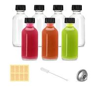 2oz Small Clear Glass Bottles with Lids - 7 Pack Shot Bottles with Caps for Ginger Shots, Juice, Potion, Liquids, Whiskey - Mini Travel Bottles with Funnels, Stickers and Brush (7Pack-Clear)
