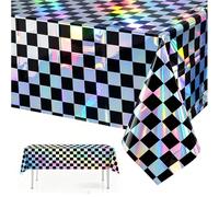 2P Laser Black and Silver Checkered Plastic Table Cloth,137x274cm Shiny Glitter Black Gingham Tablecloths Rectangular Party Dining Table Cover for Racing Car Party Disco Birthday Tablecloth Décor