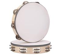 2Pack 10 Inch Double Row Tambourine for Adults Wooden Hand Held Drum Bell Tambourine with Metal Jingles, Percussion Musical Instruments Hand Tambourine for Church, KTV, Party