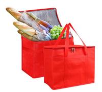 2Pack 31L Thermal Food Delivery Bag,Large Insulated Reusable Grocery Bag w/Hard Bottom, Insulated Picnic Lunch Bag,Foldable Cool Bag,Water-Resistant,Stands Upright,Camping barbecue shopping (Red)