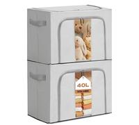 2Pack 40L Clothes Storage Bins with Metal Frame, Foldable Oxford Fabric Closet Organizers and Storage for Bedroom Shelf & Closet Top, Underbed Storage Containers for Blankets & Sweaters, Grey