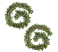 2Pack 6FT Christmas Garland - Artificial Norfolk Pine Olive Garland with Red Berries, Pinecones & 20 Warm LED Timer Lights - Holiday Garland for Home, Wedding, Party Decorations