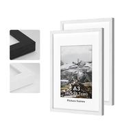 2pack A3 Picture Frame, White Wooden Picture Frames, with A4 Mat Photo Frame with Perspex Glass, With Stand and Wall Mountable, Horizontal or Vertical Wall Mounting, Bedroom and Living Room Decoration