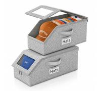 2Pack Baseball Cap Storage,Foldable Hat Boxes With Lids,Stackable Hat Storage Box With Lid for Men Women with Cardboard,Dust-Proof Zipper Hat Box With Clear Window for Bedroom,Wardrobe,Gloves (Grey-A)