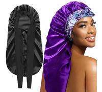 2Pack Bonnets for Black Women Braid Bonnet, Large Long Bonnet Satin Bonnet for Braids,Black Women Silk Bonnet with Stretchy Tie Band Braid Bonnet for Sleeping Extra Long (Black & Purple Pattern)