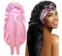 2Pack Bonnets for Black Women Braid Bonnet, Large Long Bonnet Satin Bonnet for Braids,Black Women Silk Bonnet with Stretchy Tie Band Braid Bonnet for Sleeping Extra Long (Pink &Black Dark Pattern)