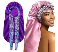 2Pack Bonnets for Black Women Braid Bonnet, Large Long Bonnet Satin Bonnet for Braids,Black Women Silk Bonnet with Stretchy Tie Band Braid Bonnet for Sleeping Extra Long (Purple&PinkPattern)