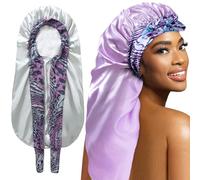2Pack Bonnets for Black Women Braid Bonnet, Large Long Bonnet Satin Bonnet for Braids,Black Women Silk Bonnet with Stretchy Tie Band Braid Bonnet for Sleeping Extra Long (Green&Light Purple Pattern)