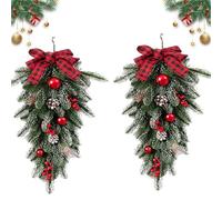2Pack Christmas Teardrop Swags, 23.6inch Artificial Pine Swag with Bowknot, Red Berries and Pinecone, Winter Pine Needles Swags Greenery Cedar Swags for Xmas Decor (2PCS)