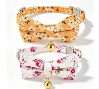 2Pack Durable Kitten Collar Bow Bell Buckle Rose Apricot Floral Print | Premium soft fabric, stretchable bands, removable knot; adjustable fit for all pet neck sizes & daily styling